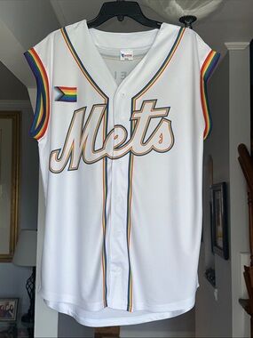 🌺 New York Mets Pride Rainbow-Trim White Button Front Jersey Sz AXL